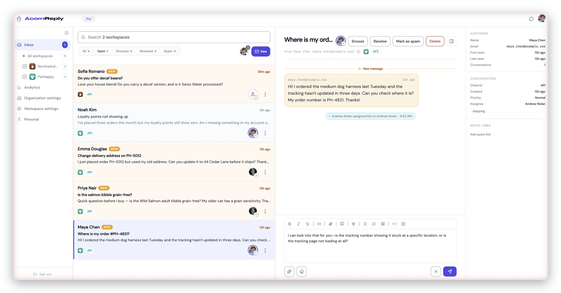 The AcornReply inbox: the conversation queue on the left, a customer's message with the AI-generated draft reply waiting in the center, and the customer details panel on the right.