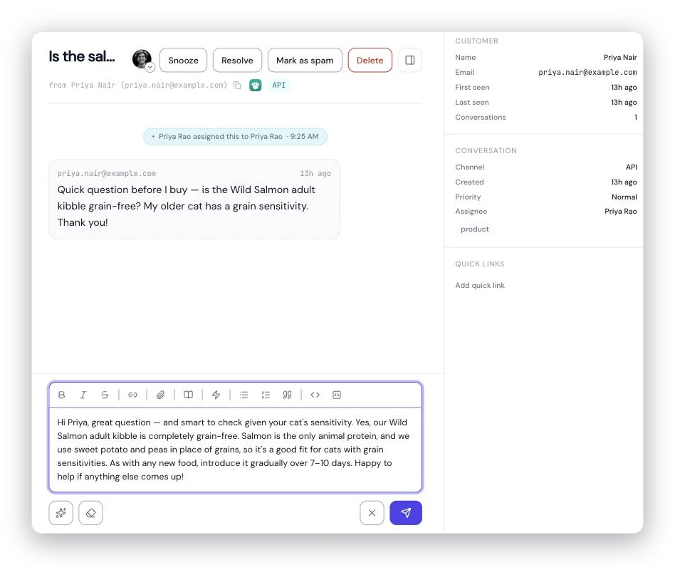 The AcornReply reply editor: the customer's question in the thread, the formatting toolbar and a drafted reply in the composer, with Send, Polish, Clear, and attach controls in the action bar below — and the customer detail panel on the right.