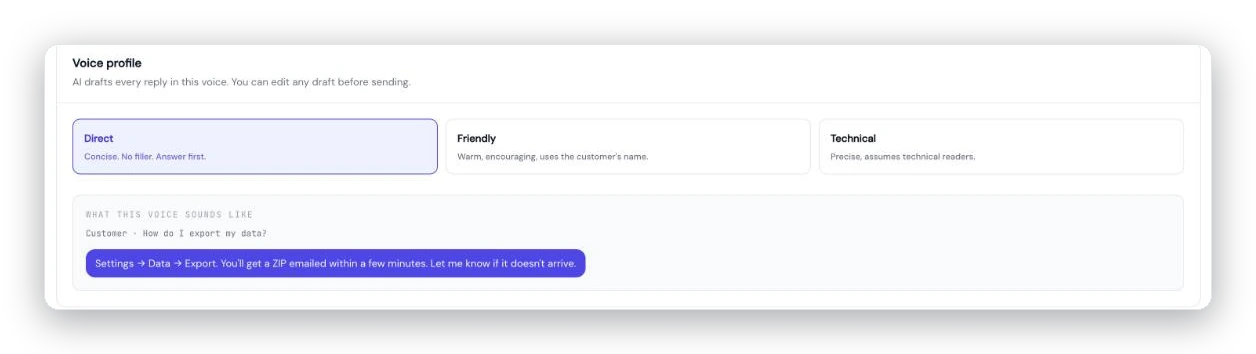 The Voice profile card in AcornReply Workspace settings, offering three reply voices — Direct, Friendly, and Technical — each with a short description and a sample showing how a reply sounds in that voice.