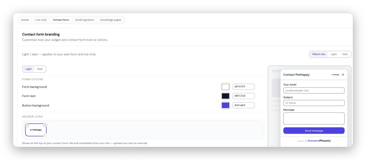 The Contact form branding controls in AcornReply Settings → Branding — form background, text, and button colors plus a header logo — beside a live preview of the branded contact form with the workspace's logo.