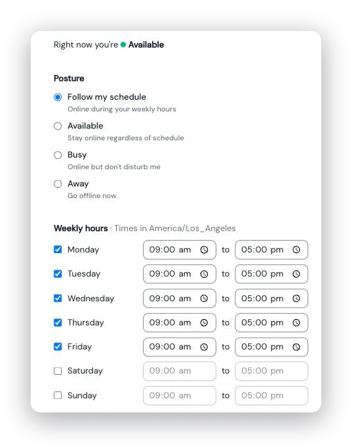 The AcornReply Availability settings page: an Available status indicator, the Posture options with "Follow my schedule" selected, and Weekly hours set to 9:00 am–5:00 pm Monday through Friday (Saturday and Sunday off) in the America/Los_Angeles timezone.