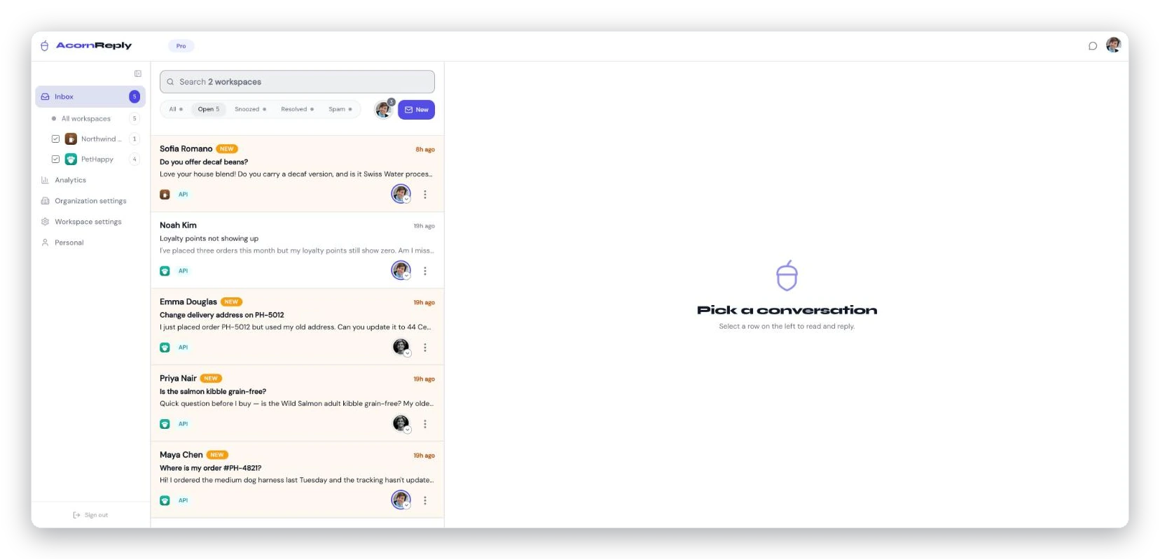 The AcornReply inbox after setup — a list of incoming customer conversations across two workspaces on the left, with the workspace switcher, ready to open, reply to, and resolve.