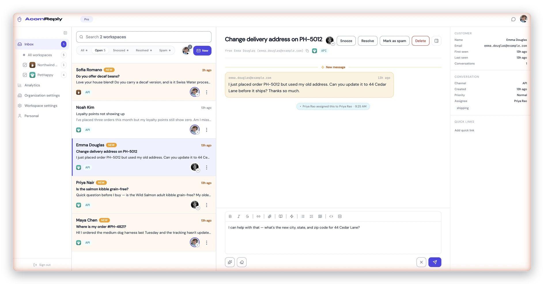 A conversation in AcornReply with an AI-written draft reply waiting in the composer, asking the customer a clarifying question — ready for a human to edit and send.