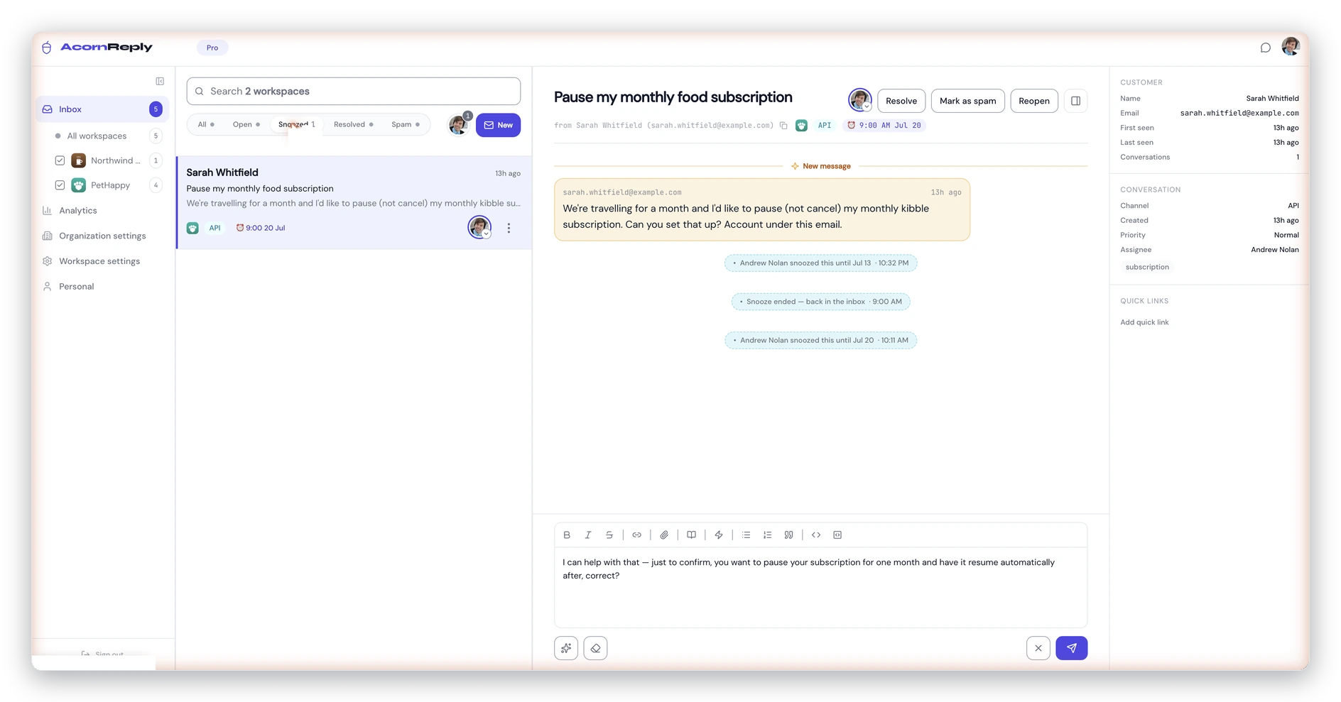 The Snoozed tab in the AcornReply inbox showing a snoozed conversation with its history: snoozed until a date, woken back to the inbox when the snooze ended, then snoozed again — with the Reopen action in the header.