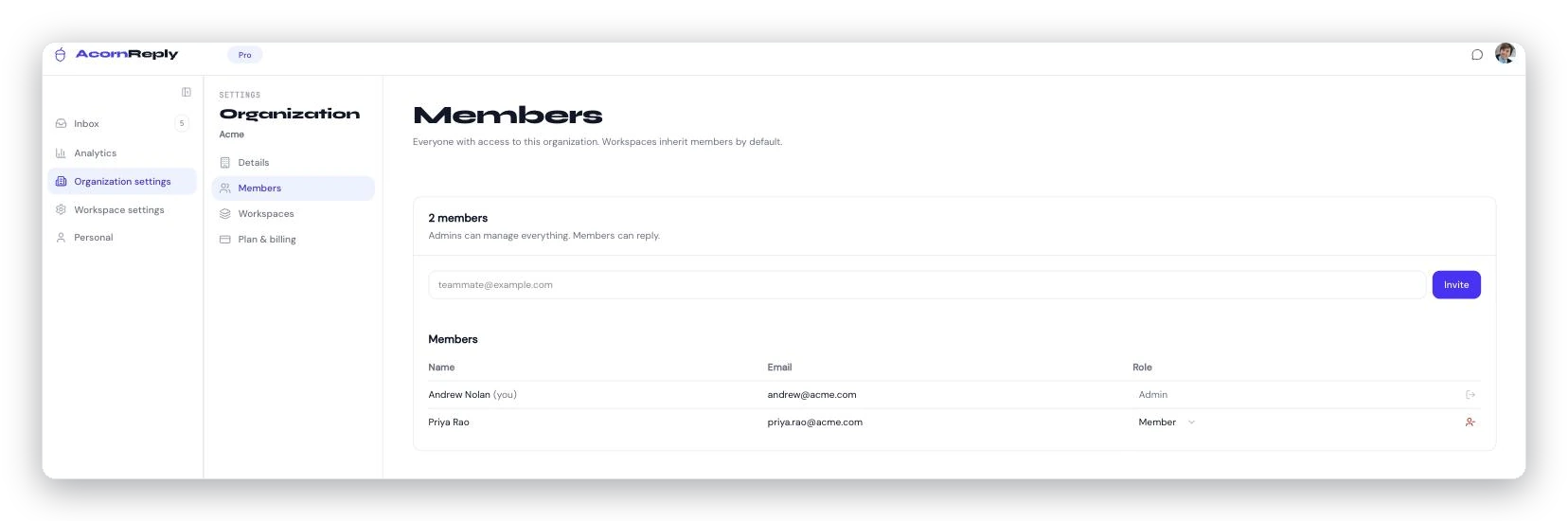 The Members page in AcornReply Organization settings: an invite field at the top, and a table of members showing each person's name, email, and role — Admin or Member.
