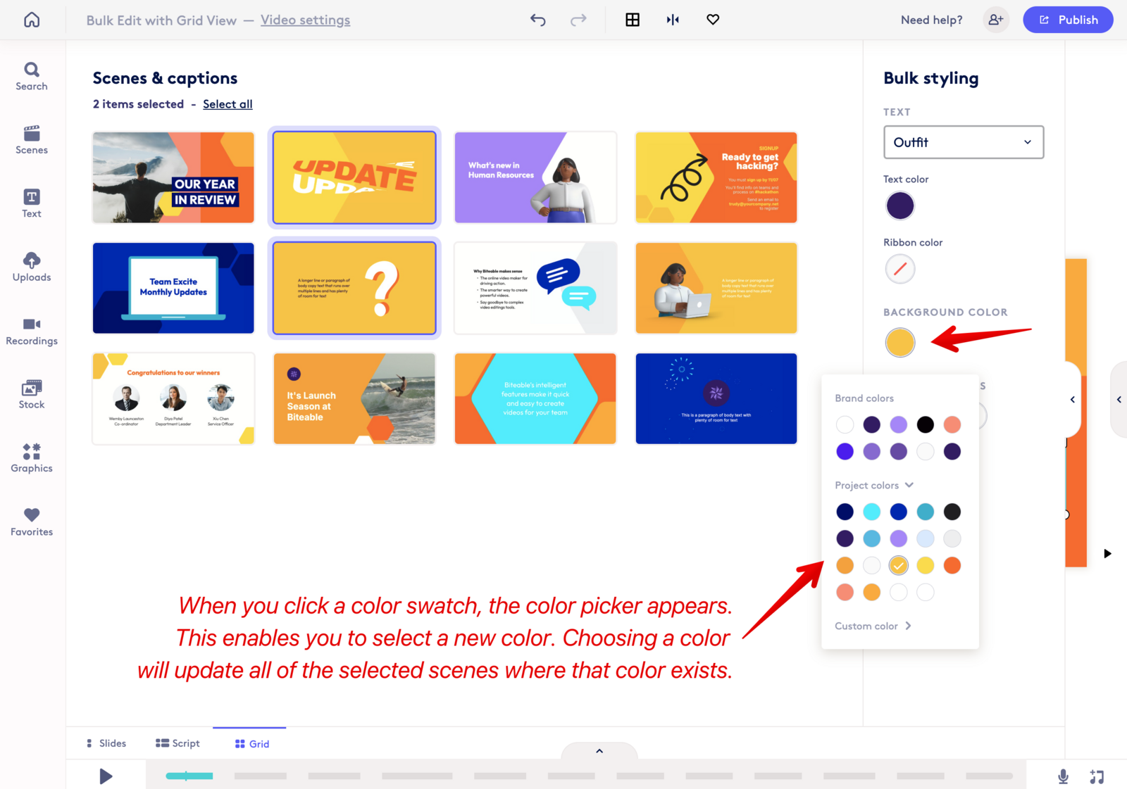 Selecting a scene displays the available colors.
