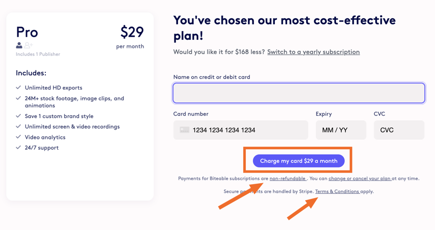 Biteable checkout screen showing the charge button with a non-refundable notice and Terms and Conditions link directly beneath it.