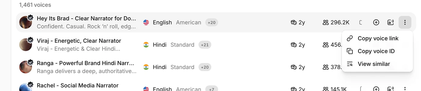 An ElevenLabs voice row with the three-dot More actions menu open, showing Copy voice link, Copy voice ID, and View similar.