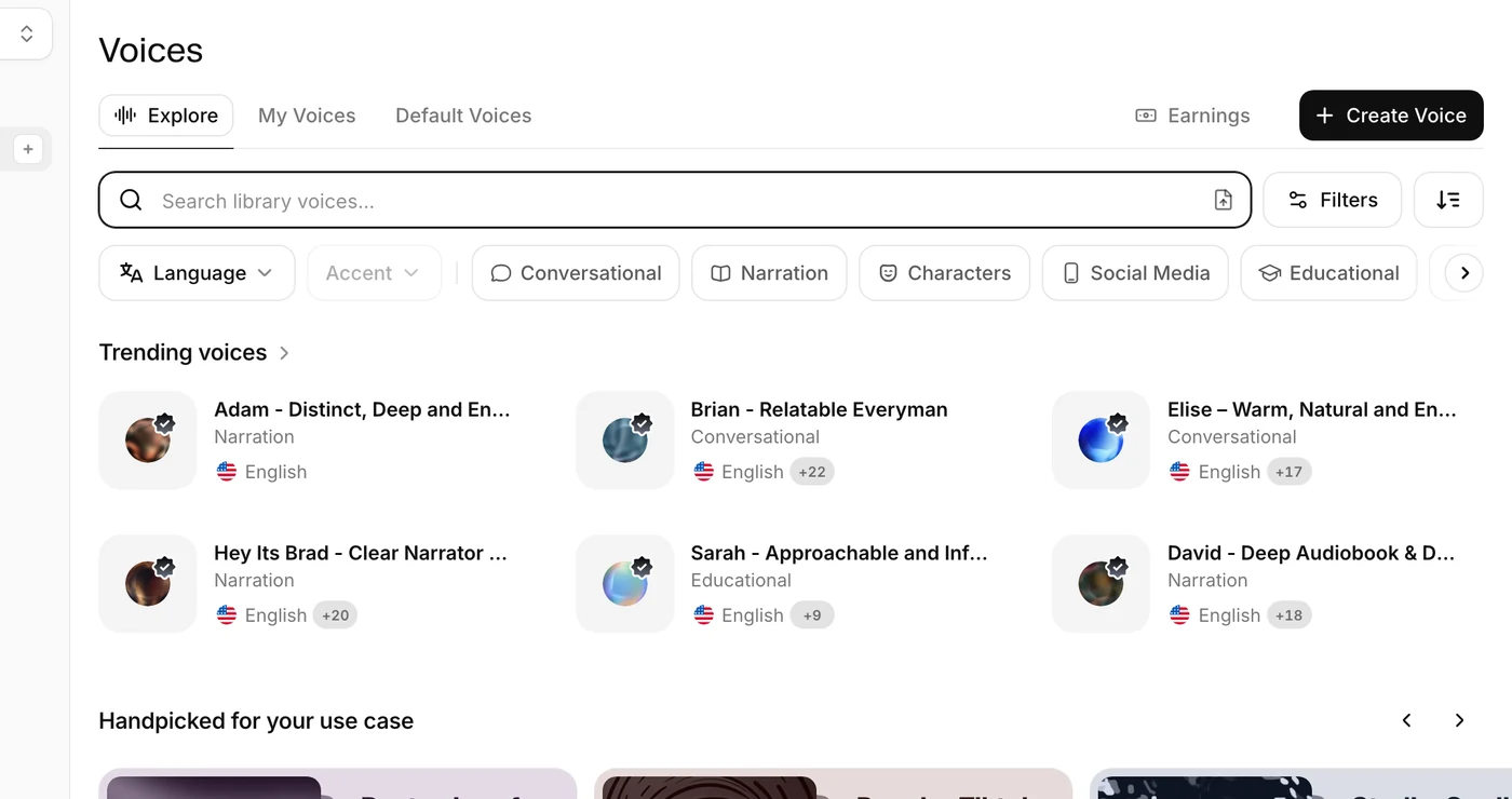 The ElevenLabs Explore tab, showing the voice search box, the Language and Accent filters, the category chips, and a grid of trending voices.