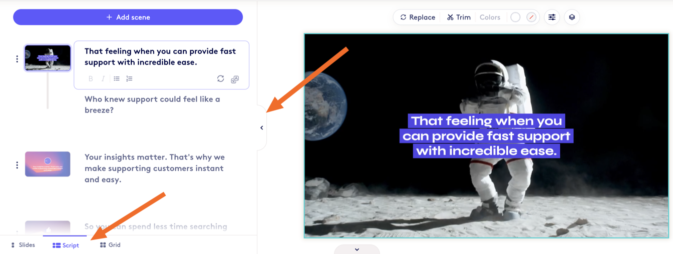 The Script tab at the bottom-left of the editor and the expand arrow beside the video, both of which open the script editor