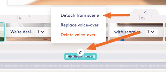 Unpin a voiceover: select the clip, click the link icon, and choose Detach from scene