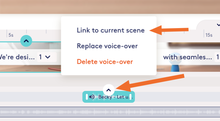 Re-pin a voiceover: click the clip’s arrow icon and choose Link to current scene